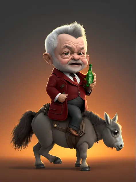 President Lula riding a horse with a beer bottle in hand, old CGI 3 d rendered Bryce 3 d, by Ben Zoeller, senior artist 3d render, portrait of hiding harold pain, high quality wallpaper, wojtek fus, toon render keyshot, alexey egorov, in the style of kyrill kotashev, 3 d cartoon