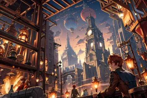 (masterpiece), (best quality), (high resolution), hyper detailed, detailed_background, steampunk, cityscape, brick buildings, br...