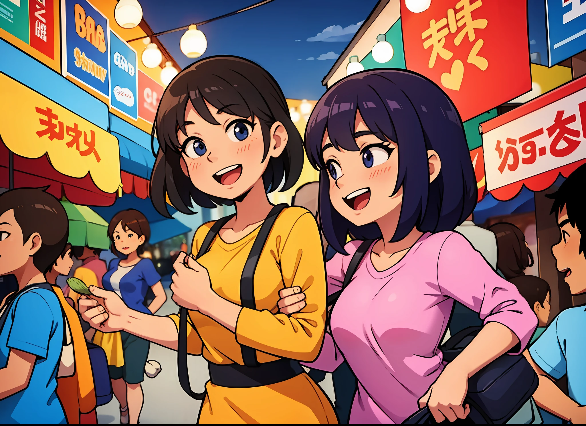 A lively night market. The woman is dressed in casual clothes, carrying snacks, and her face is full of joy and contentment.