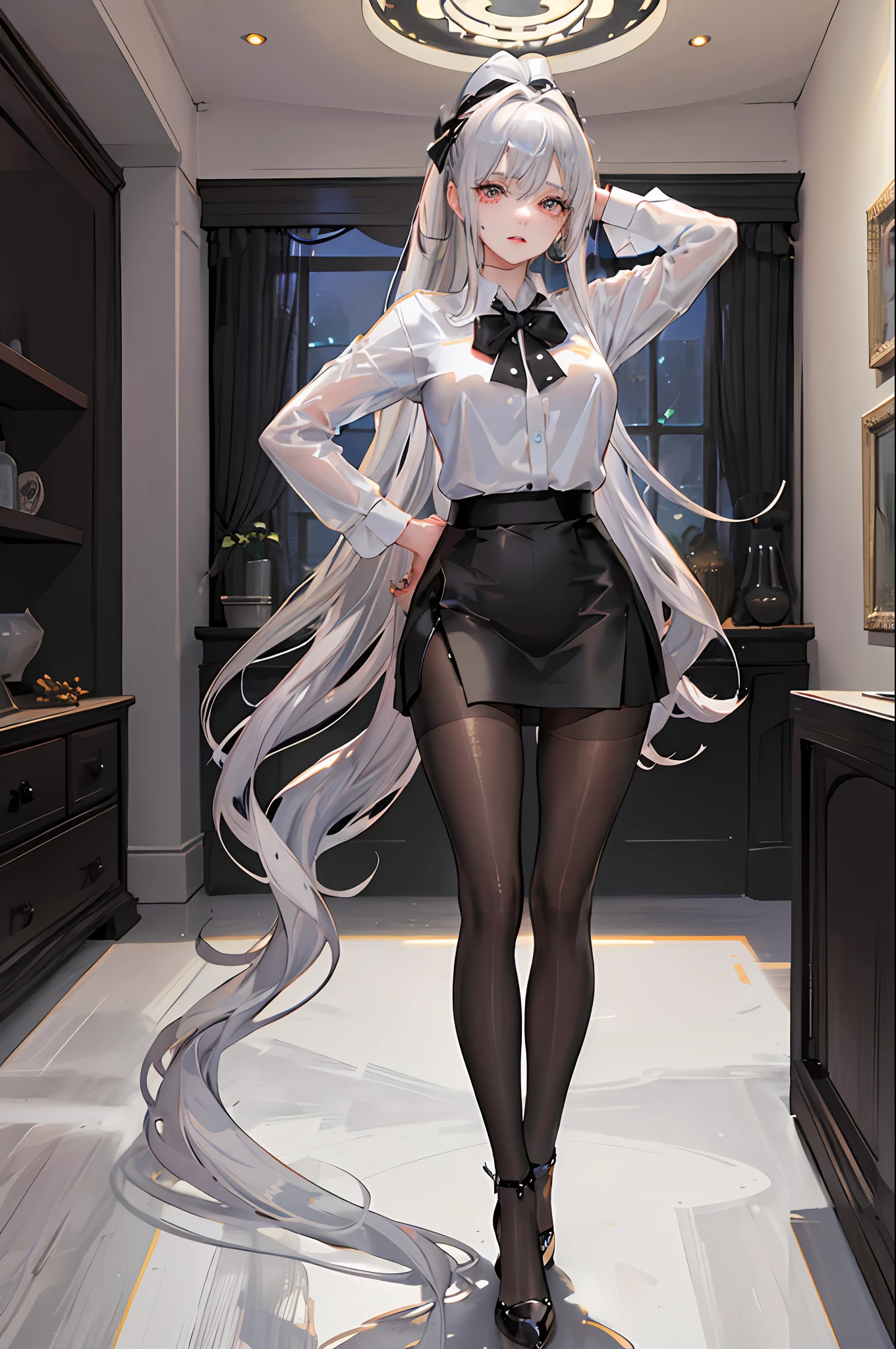 (((1 girl)),ray tracing,(dim lighting),[detailed background (living room)),((silver hair)),(silver hair)),(fluffy silver hair, plump and slender girl)) with high ponytail))) Avoid golden eyes in the ominous living room ((((Girl wears a white shirt, black wrinkled skirt with black transparent pantyhose), showing a delicate slender figure and graceful curves, correct limbs, hands behind the head, both hands behind the head