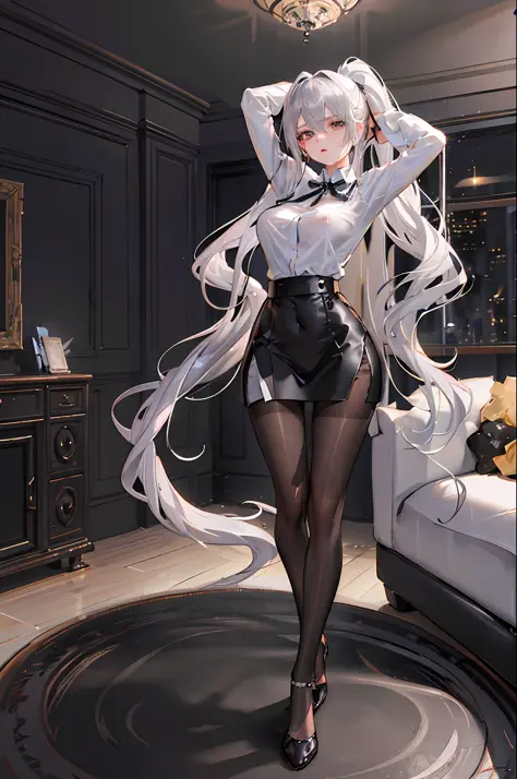 (((1 girl)),ray tracing,(dim lighting),[detailed background (living room)),((silver hair)),(silver hair)),(fluffy silver hair, plump and slender girl)) with high ponytail))) Avoid golden eyes in the ominous living room ((((Girl wears a white shirt, black wrinkled skirt with black transparent pantyhose), showing a delicate slender figure and graceful curves, correct limbs, hands behind the head, both hands behind the head