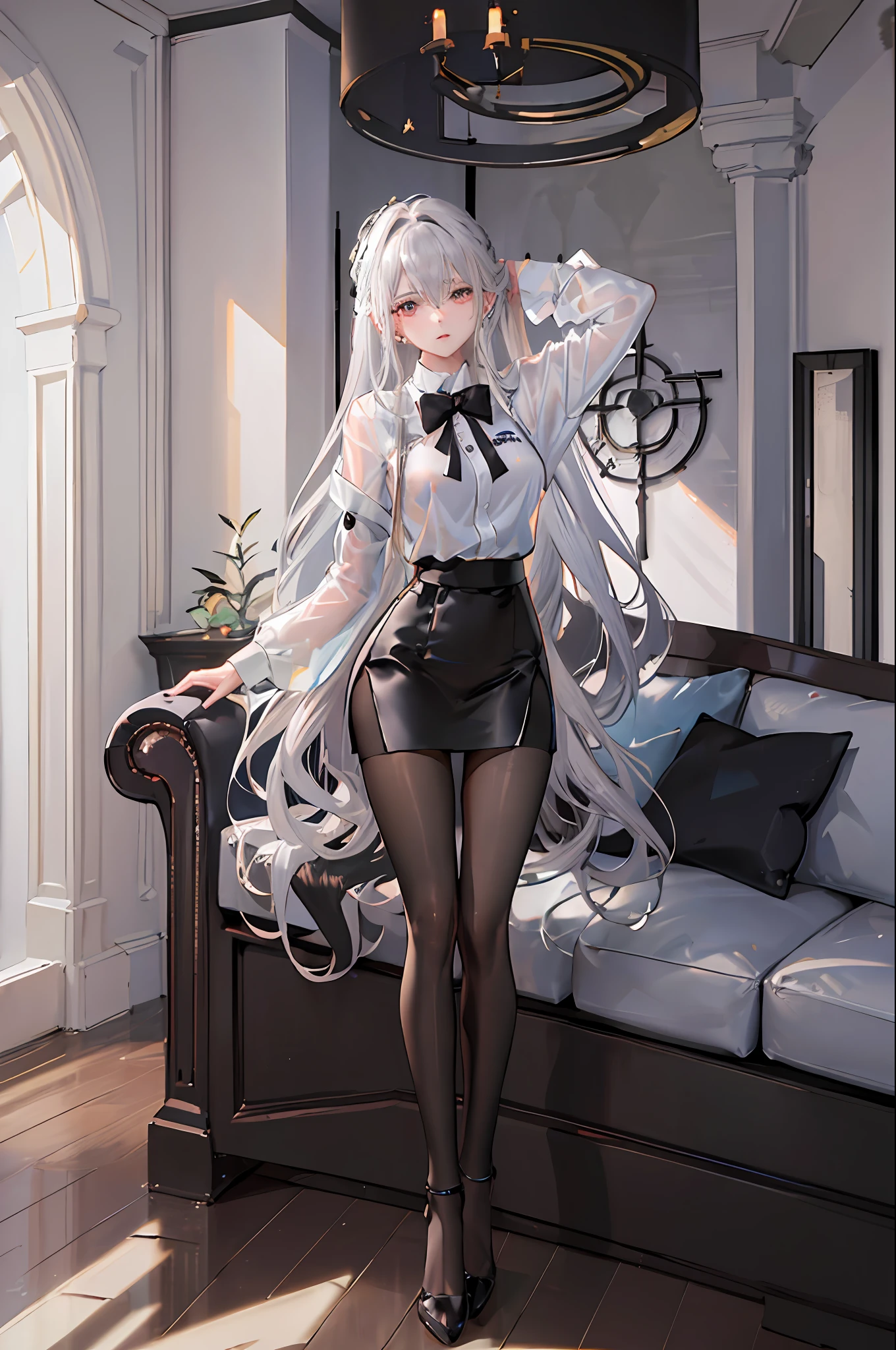 (((1 girl)),ray tracing,(dim lighting),[detailed background (living room)),((silver hair)),(silver hair)),(fluffy silver hair, plump and slender girl)) with high ponytail))) Avoid golden eyes in the ominous living room ((((Girl wears a white shirt, black wrinkled skirt with black transparent pantyhose), showing a delicate slender figure and graceful curves, correct limbs, hands behind the head, both hands behind the head