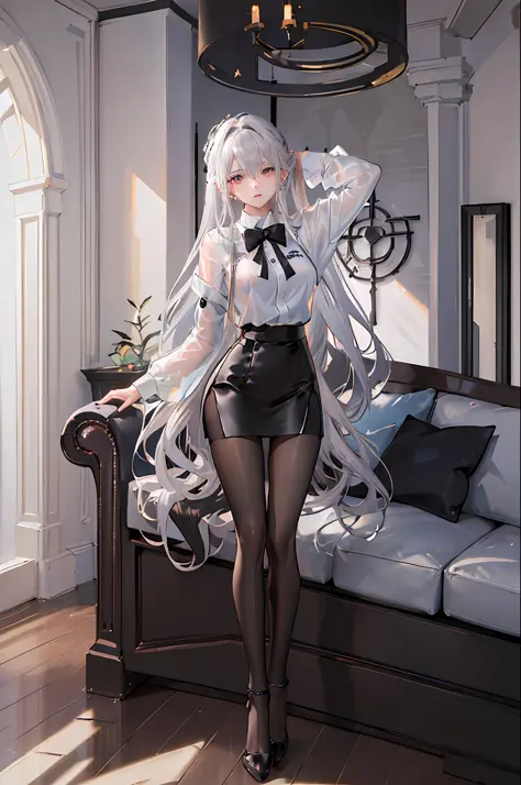 (((1 girl)),ray tracing,(dim lighting),[detailed background (living room)),((silver hair)),(silver hair)),(fluffy silver hair, p...
