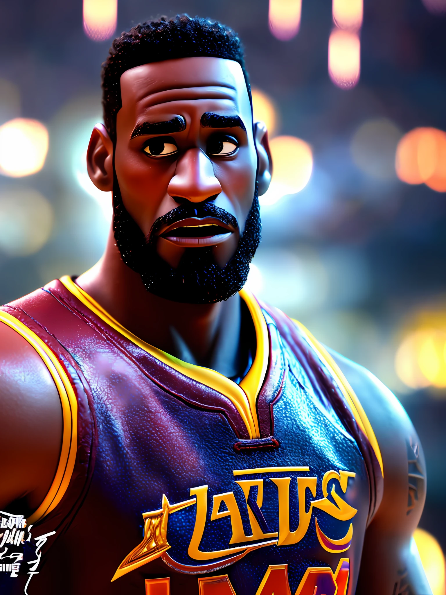 Lebron James, (pixar style) (masterpiece:1.2) (bokeh) (best quality) (detailed leather) (detailed texture) (8k) (claymation) (cinematic lighting) (sharp focus