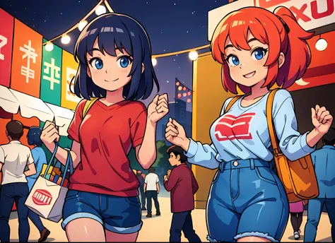 a lively night market. the girl is dressed in casual clothes, carrying snacks and has a happy and contented expression on her fa...