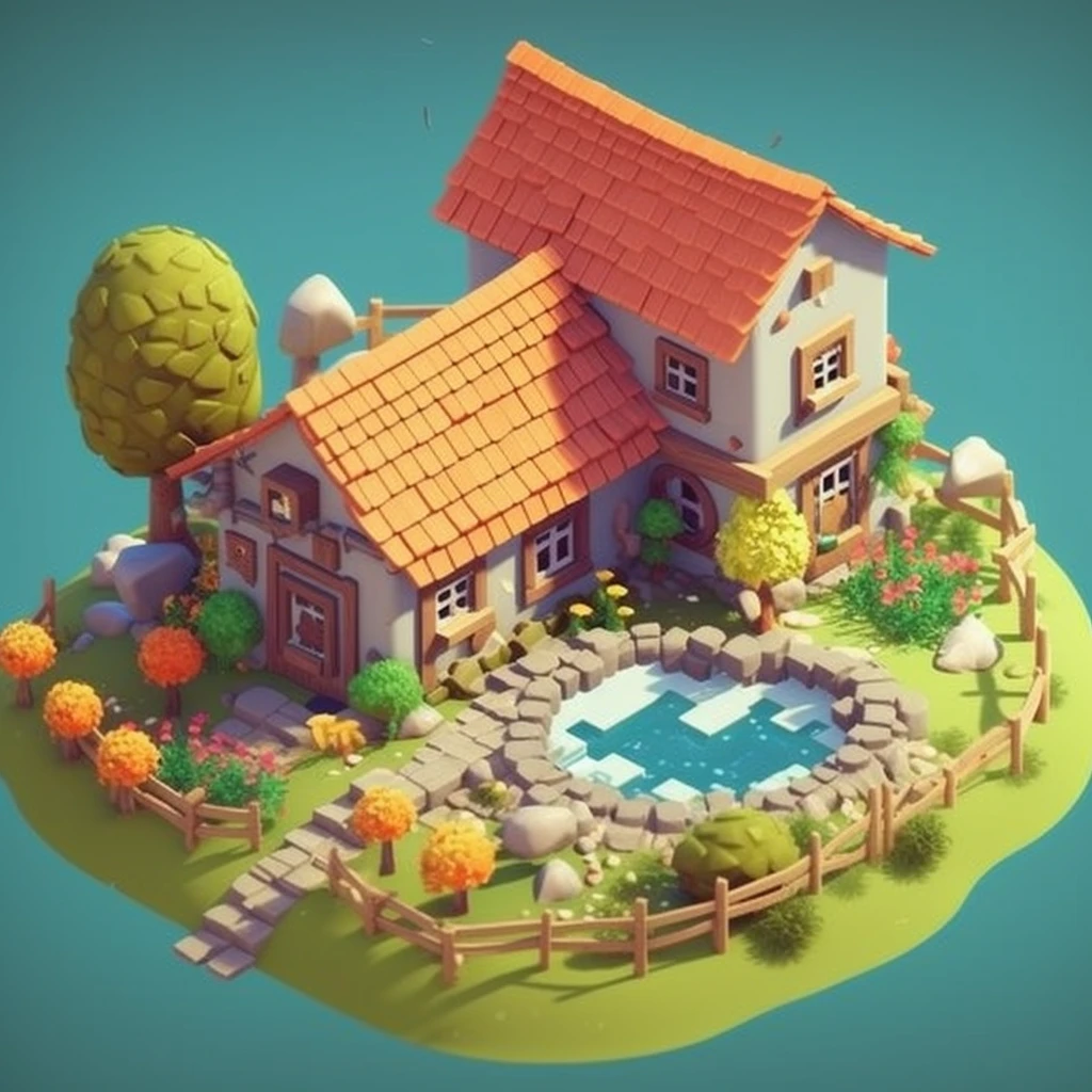 Cartoon style, polygon，game architecture design, fantasy, farm, stone, brick, grass, river, flower, vegetable, wheat, tree, animal, casual game style, small yard, creative, cartoon style, 3d, blender