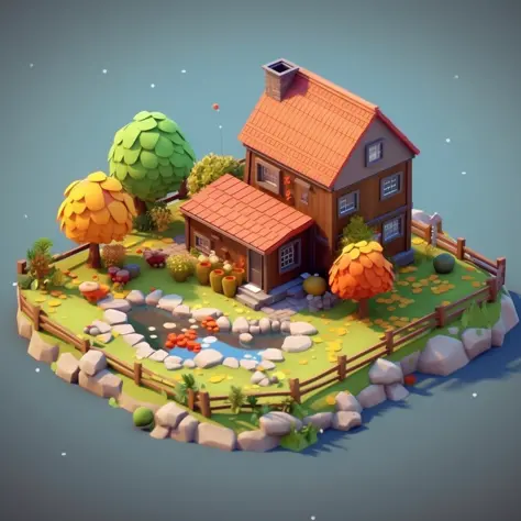 Cartoon style, polygon, game architecture design, fantasy, farm yard, stone, brick, grass, river, flower, vegetable, wheat, tree, animal, casual game style, creative, best details, cartoon style, 3d, blender, masterpiece, best quality, cartoon rendering, 8...