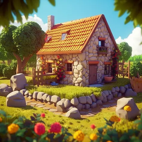 Cartoon style, polygon, game architecture design, fantasy, farm yard, stone, brick, grass, river, flower, vegetable, wheat, tree, animal, casual game style, creative, super details, 3d, blender, masterpiece, best quality, cartoon rendering, 8K