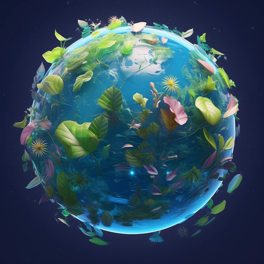 Earth Day poster, ((Spherical Earth, transparent plastic, optics, surreal, magic, fantasy, composition, bright, light fluorescence, ultra-detaile, trend in artstation, octane rendering,))), futuristic, plants, Floral,,Blue,Green,Transparent,Center Composition,,Super High Detail,4K,Flat Illustration, 3D, Blender,Masterpiece,Super Detail,Best Quality