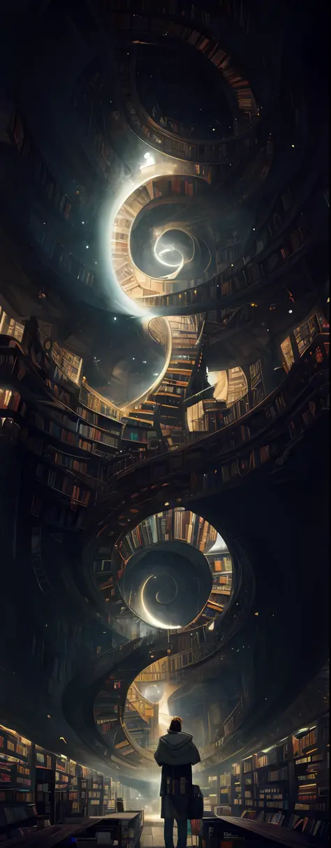 arafed image of a man standing in a library with books, endless books, borne space library artwork, books cave, fantasy book illustration, spiral shelves full of books, infinite celestial library, an eternal library, gothic epic library concept, magic libr...