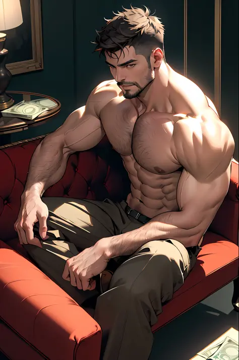 Best quality, masterpiece, expressionless,ultra high res,detailed background,realistic,1man,solo,male,muscular,mature male,short hair,facial hair,sitting,money,sofa, real shadow and light,depth of field, chest, biceps, pecs, abs, tall