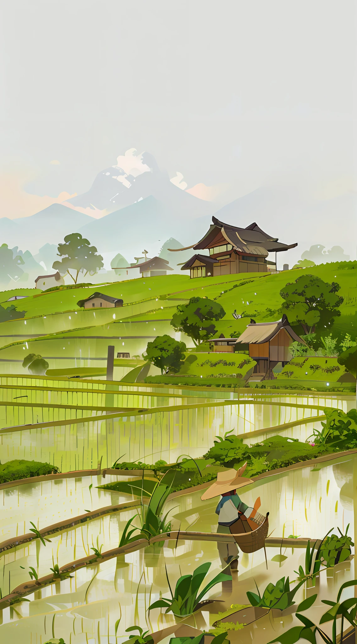 Hay un hombre caminando por un campo de arroz., in the background is a hut with campos de arroz, campos de arroz, plántulas de arroz ordenadas en los campos, neblinay rain, pueblos, Agricultura, en el paisaje tranquilo, neblinay weather, en el vasto paisaje pacífico, en la mañana temprano, in the morning neblina, detrás de un pequeño pueblo, neblina, campo japonés, techos de paja --v 6