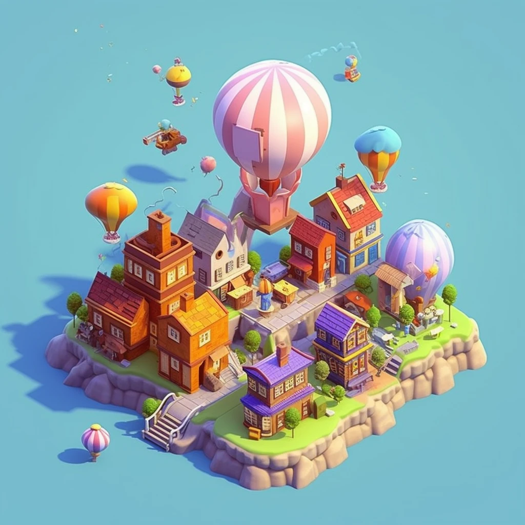 cartoon style, polygon, game scene design, pixar style, steampunk, fantasy, sky city, cloud doll, sea geese, whales, flying fish, rainbow, unicorn, white tower, windmill installation, elf, hot air balloon, streamers, café, white glass room, cute q-cute, casual game style, ((((low poly))), lowpoly, best detail, cartoon style, 3d, masterpiece, best quality, cartoon rendering, glare, 8K