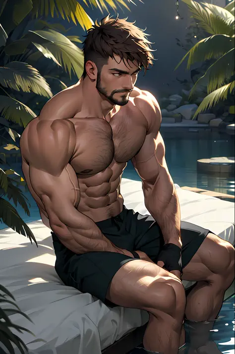 Best quality, masterpiece, expressionless,ultra high res,detailed background,realistic,1man,solo,male,muscular,mature male,short hair,facial hair,sitting,bed, real shadow and light,depth of field, chest, biceps, abs, tall, water on body, jake, feathers, li...
