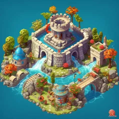 cartoon style, top-down view, scene illustration, nature, ancient magical architecture, castle, main fort, fortress, polygon, game architecture design, super detail, summer, ocean waves, swimming ring, shells, flowers, tropical fruits, trees, casual game s...