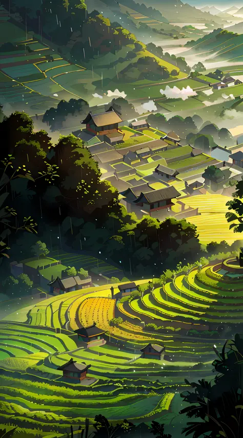 Large expanses of terraced fields, mountains, huts, with rice fields, rice fields, neat rice seedlings in the fields, misty rain...