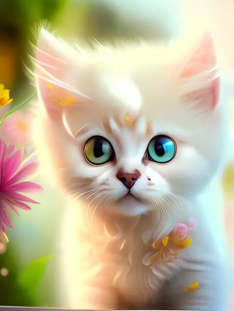 Very cute furry white tropical punk kitten, big eyes, flowers, flowers, full body, laugh, professional light, depth of field 8k, golden magic moment, professional photography, octane rendering, super realistic - amazing sunlight, dynamic composition, photo...
