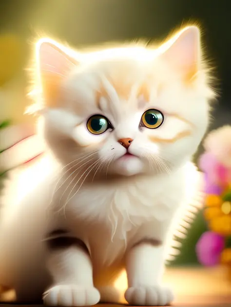 Very cute furry white tropical punk kitten, big eyes, flowers, flowers, full body, laughter, professional light, depth of field 8k, golden magic moment, professional photography, octane rendering, ultra-realistic - amazing sunlight, dynamic composition, ph...