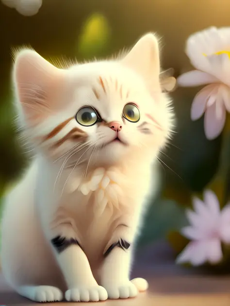 Very cute furry white tropical punk kitten, big eyes, flowers, flowers, full body, laughter, professional light, depth of field 8k, golden magic moment, professional photography, octane rendering, super realistic - amazing sunlight, dynamic composition, ph...