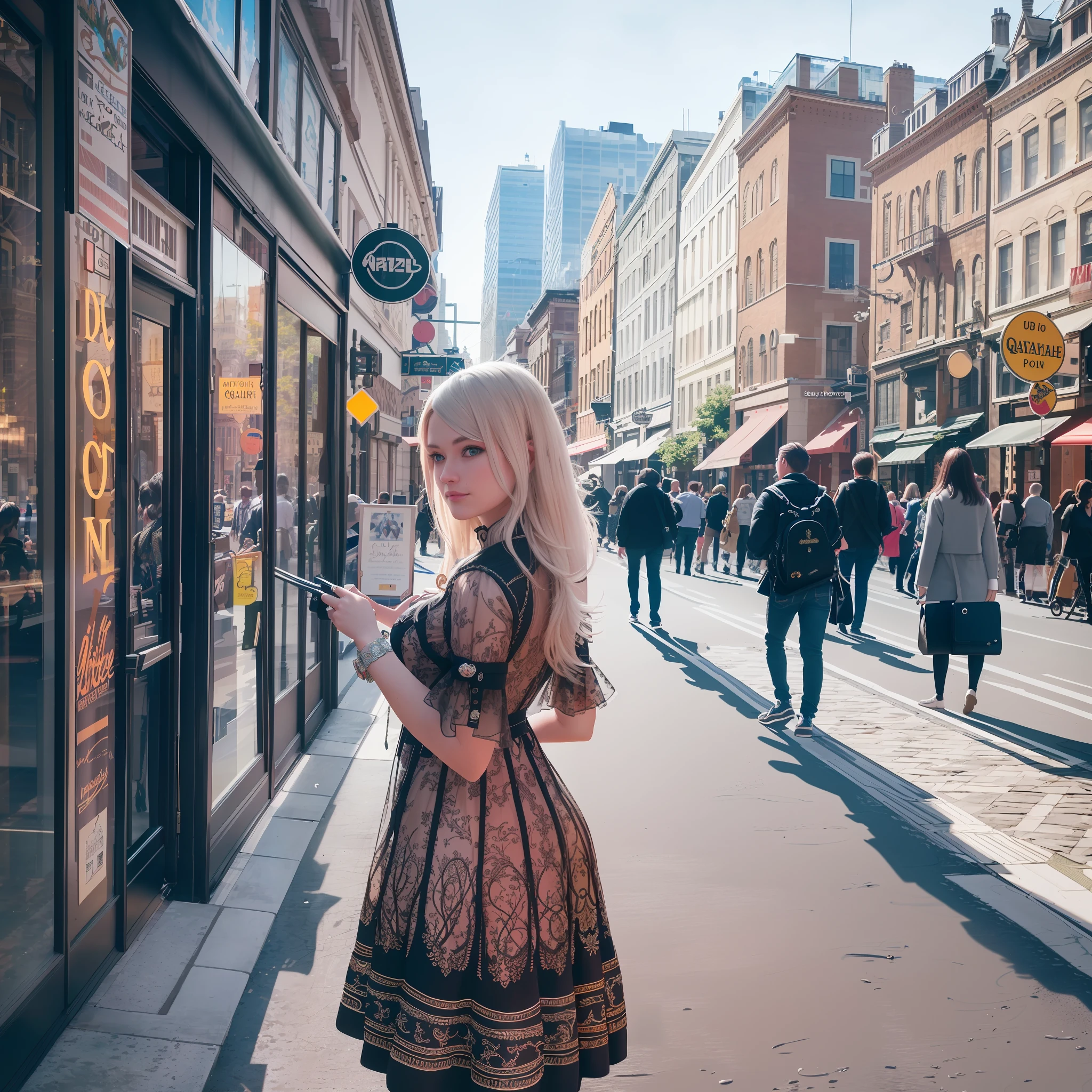 professional detailed photography, ultra detailed world, ultra maximalism, young woman interested in the main street of a big city, bright daylight, ultra detailed, intricate details, crazy details, Hasselblad, masterpiece, ultra detailed world, world full of details, intricate detail, ultra quality, 8k