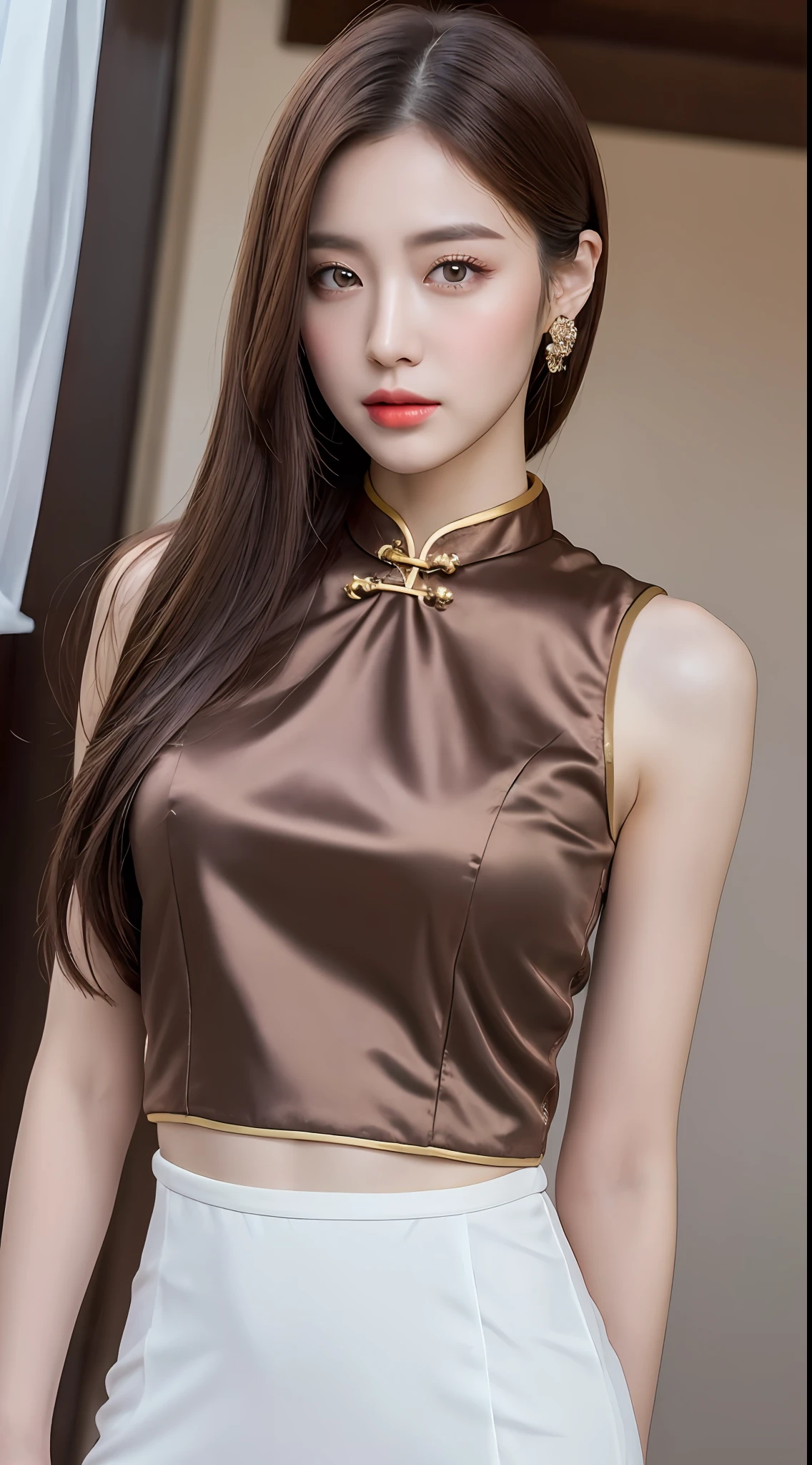 ((Realistic lighting, Best quality, 8K, Masterpiece: 1.3)), Clear focus: 1.2, 1girl, Perfect body beauty: 1.4, Slim abs: 1.1, ((dark brown hair)), (Cheongsam outfit: 1.4), (Outdoor, White room: 1.1), Seaside, standing, full body, Super fine face, fine eyes, double eyelids,