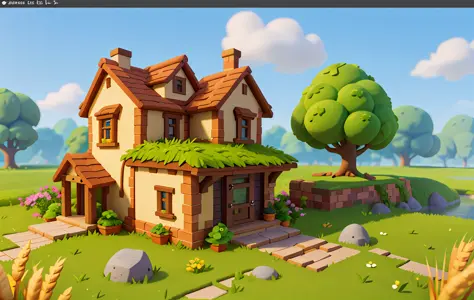 Cartoon style, polygon, game architectural design, fantasy, beautiful house, stone, brick, grass, river, flower, vegetable, wheat, tree, animal, casual game style, creative, best details, cartoon style, 3d, blender, masterpiece, best quality, cartoon rende...