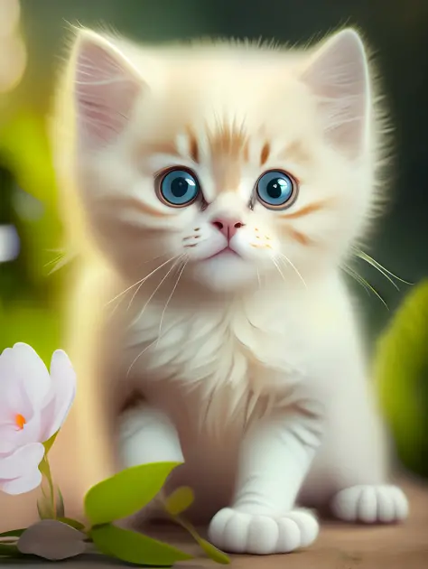 Very cute furry white tropical punk kitten, big eyes, flowers, bushes, full body, open mouth, laugh, professional light, depth of field 8k, golden magic moment, professional photography, octane rendering, super realistic - amazing sunlight, dynamic composi...