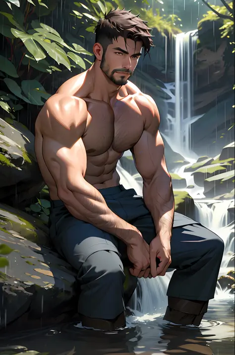 Best quality, masterpiece, expressionless,ultra high res,detailed background,realistic,1man,solo,male,muscular,mature male,short hair,facial hair,sitting,waterfall,river,real shadow and light,depth of field,chest, underwear, rain