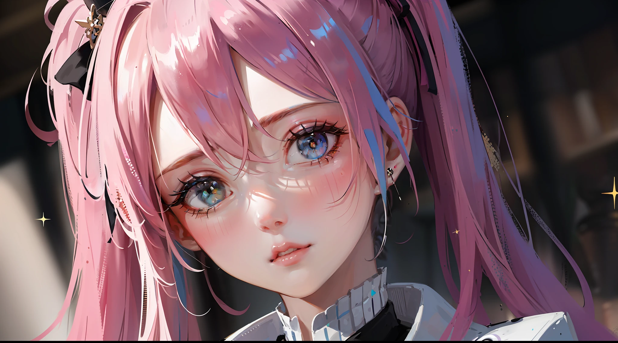 (Masterpiece), (Best Quality), (Super Detailed), (Dirty Hair), (Illustration), (1 Girl) (Long Pink Hair 1.5) (Blue Eyes) (Double Ponytail 2.0), (Fashion Clothing), (Fashion Clothing), (Fashion Clothing), (Fashion Clothing), (Fashion Model Looking at the Audience, (Interview), (Simple Background), Beautiful Detailed Eyes, Delicate Beautiful Face, Soaring (High Saturation), (Colorful Glitter), Multi-colored Bubbles, (Glitter), Accent on Face