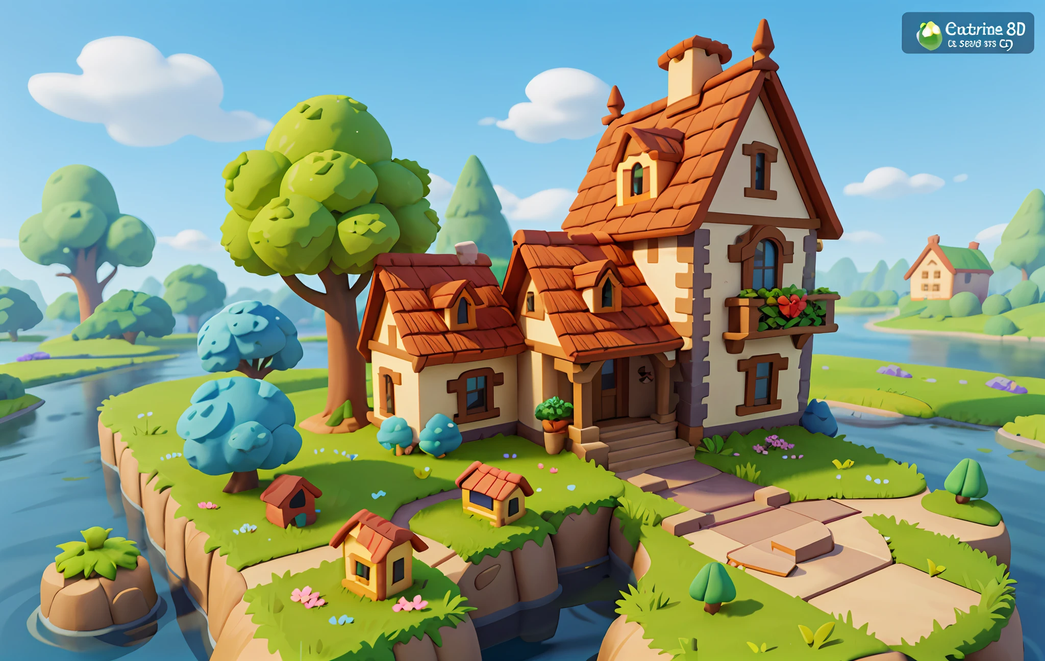 Cartoon style, polygon, game architectural design, fantasy, beautiful house, stone, brick, grass, river, flower, vegetable, wheat, tree, animal, casual game style, creative, best details, cartoon style, 3d, blender, masterpiece, best quality, cartoon rendering, 8K