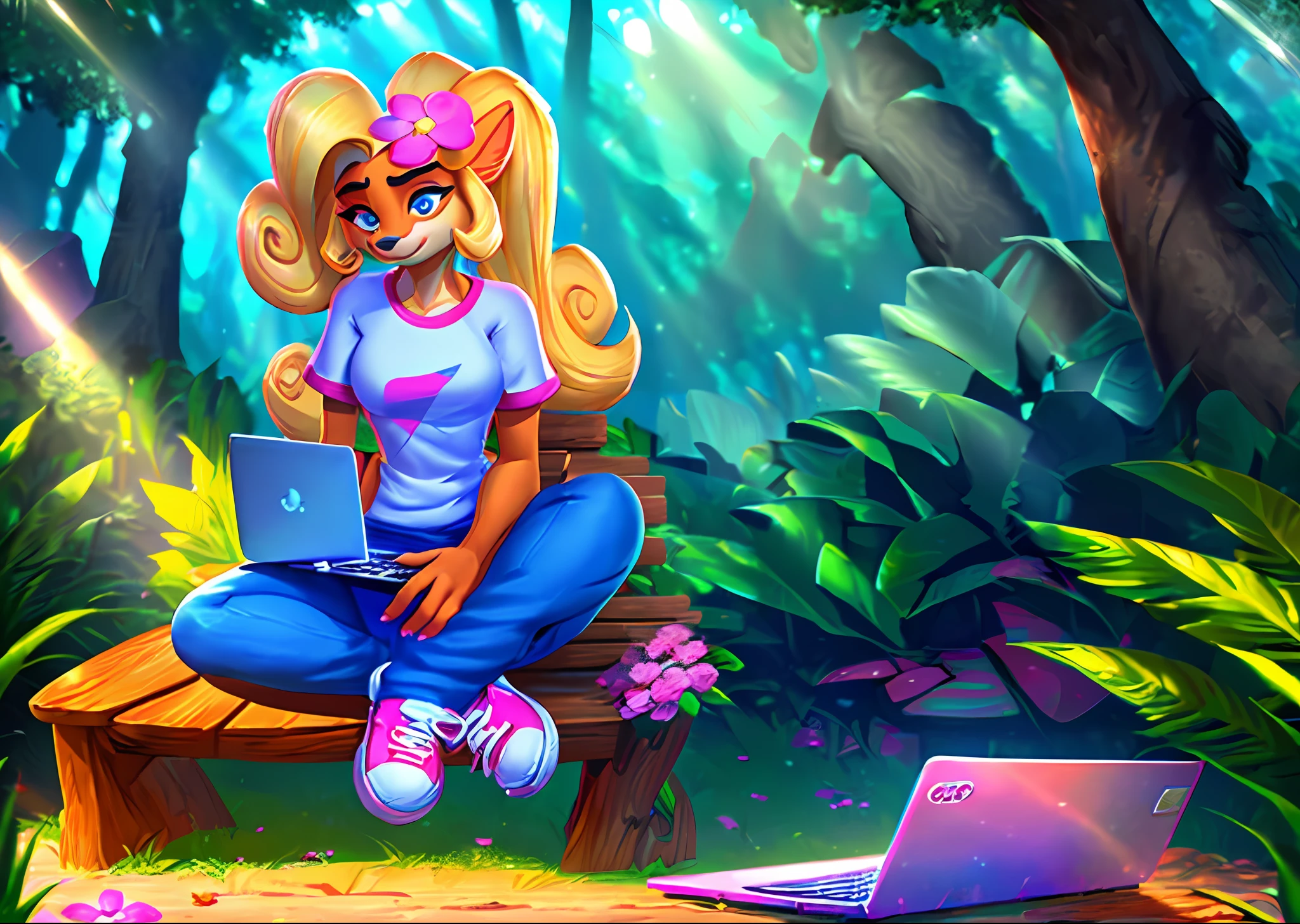 coco, furry, (((Stylized))), (amazing details), (amazing lighting), blonde hair, ponytail, flower in hair, pointy ears, white shirt (yellow flower in the center, denim jeans (blue), pink and white sneakers, pink nails, (looking on laptop:1.2), sitting on bench (crossed legs), outside (forest, daytime), light rays (raytracing),