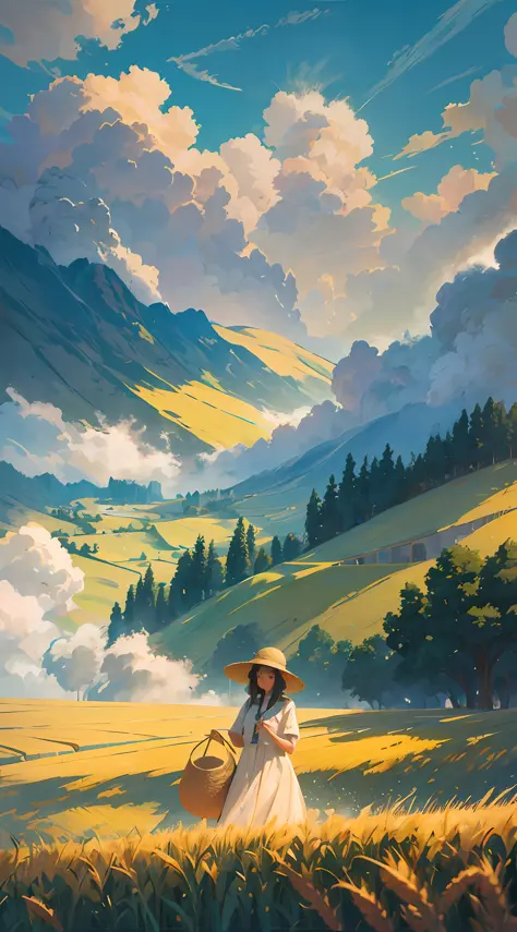 Wheat field, a farmer uncle with a straw hat standing in a wheat field, big clouds, blue sky, rice field, neat rice seedlings in the field, forest, hillside, secluded, rural, HD detail, hyper-detail, cinematic, surrealism, soft light, deep field focus boke...