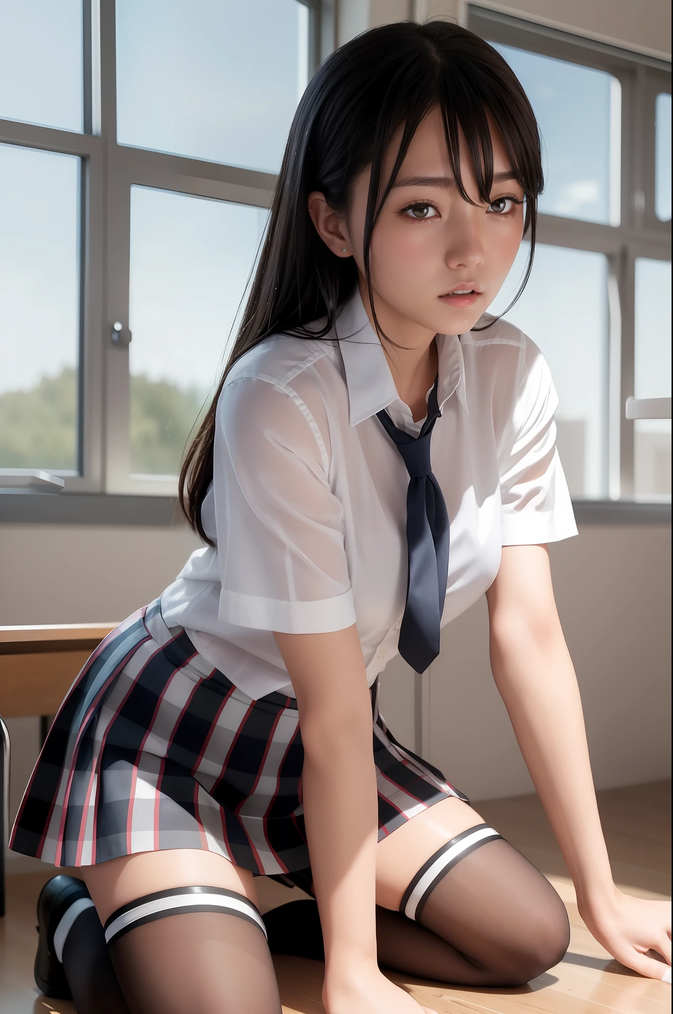 (masterpiece, best quality:1.2), a hyperrealistic schoolgirl, solo, 1girl, yukinoshita yukino, (shiny skin, wet skin:1.2), sweating, slight smile, looking at viewer, on all fours, , white shirt, plaid skirt, thighhighs, afternoon, classroom hyperrealistic 