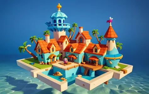 cartoon style, polygon, game architecture design, fantasy, beautiful house under the sea, ocean architecture, sea creatures, cas...