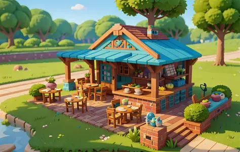 Cartoon style, polygon, game architectural design, fantasy, beautiful restaurant, table, meal, kitchen supplies, stone, brick, g...