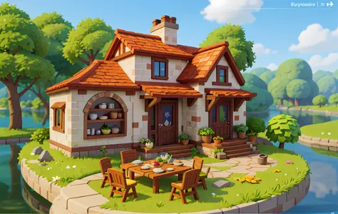 Cartoon style, polygon, game architectural design, fantasy, beautiful restaurant, table, meal, kitchen supplies, stone, brick, g...