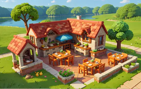 Cartoon style, polygon, game architectural design, fantasy, beautiful restaurant, table, meal, kitchen supplies, stone, brick, g...