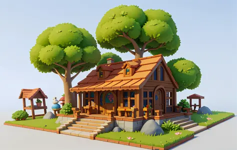 Cartoon style, polygon, game architectural design, fantasy, charming concert hall, large piano, bar, tables, Musical Instruments, stones, bricks, grass, flowers, trees, casual game style, creative, best details, cartoon style, 3d, blender, masterpiece, bes...