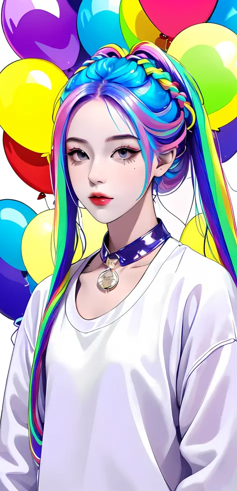 masterpiece, best quality,
1 girl, pretty and cute, (rainbow color Hair,colorful hair:1.4), wearing blue and purple sunglasses, ...