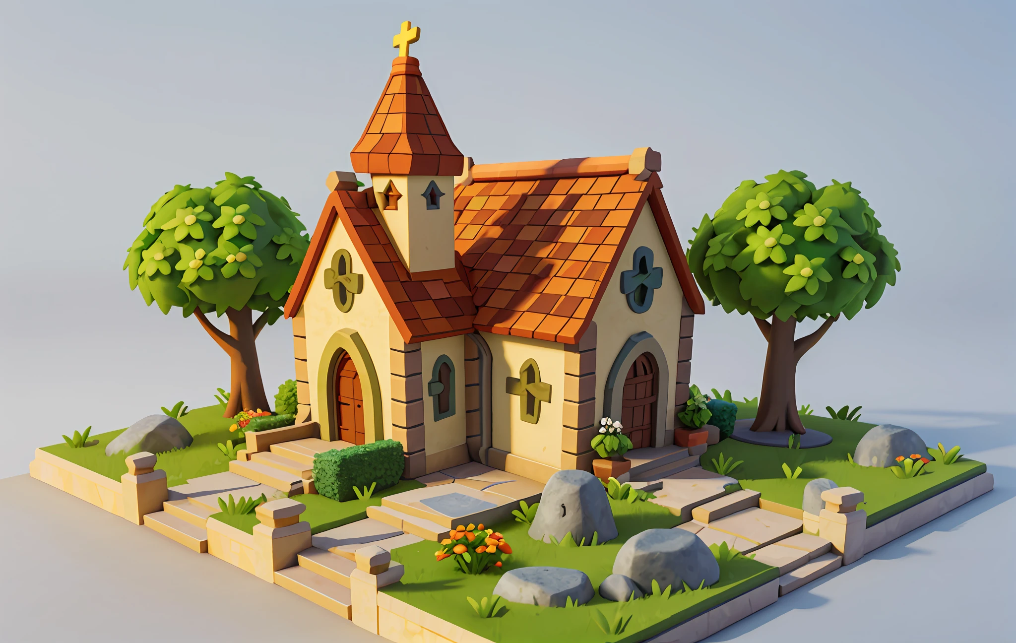 style dessin animé, polygone, Conception architecturale du jeu, fantaisie, Magnifique église, décoration de croix, Vitrail, pierre, brique, herbe, fleurs, des arbres, style de jeu décontracté, créatif, meilleurs détails, 3D, mixeur, chef-d&#39;œuvre, Meilleure qualité, rendu de dessin animé, 8k