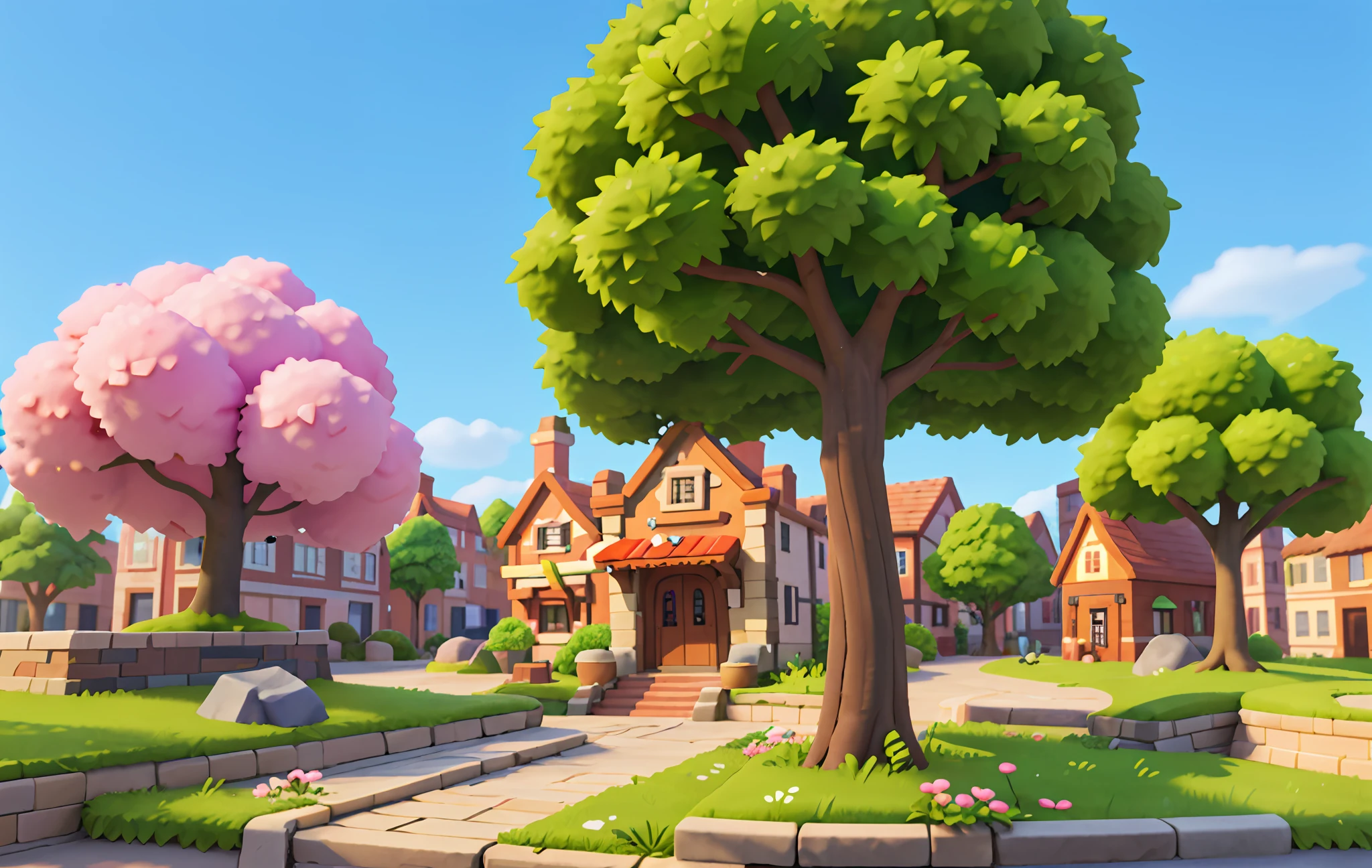 Cartoon style, polygon, game architecture design, fantasy, town square, cherry tree, shop, stone, brick, grass, flower, tree, casual game style, creative, best detail, 3d, Blender, Masterpiece, best quality, cartoon rendering, 8K