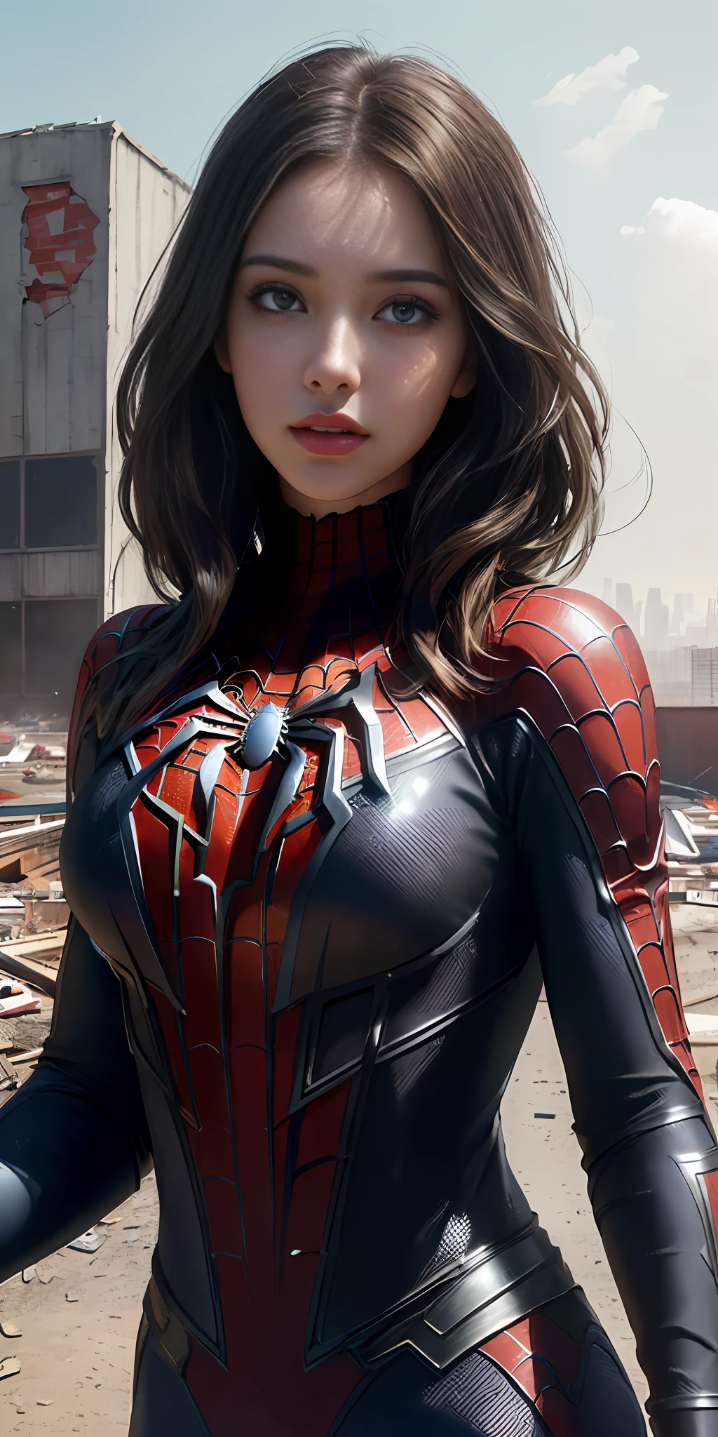 (1girl:1.3), solo, (((extremely detailed face))),(((extremely detailed eyes and face))),beautiful detailed eyes,body-parts__, official art, unified 8k wallpaper, super detailed, beautiful and aesthetic, beautiful, masterpiece, best quality, raw, masterpiece, super fine photo, best quality, super high resolution, photorealistic realism, sunlight, full body portrait, amazing beauty,, dynamic pose, delicate face, vibrant eyes, (from the front), she is wearing a Spider-man suit, red and black color scheme, spider, very detailed abandoned warehouse background, Detailed face, detailed complex busy background, messy, gorgeous, milky white, highly detailed skin, realistic skin details, visible pores, sharp focus, volumetric fog, 8k uhd, DSLR, high quality, film grain, fair skin, photo realism, lomography, huge metropolis in future dystopia, seen from below, translucent