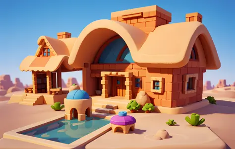 Cartoon style, polygon, game architecture design, fantasy, beautiful house, Desert architecture, small animals, casual game style, creative, best detail, 3d, Blender, Masterpiece, best quality, cartoon rendering, 8K
