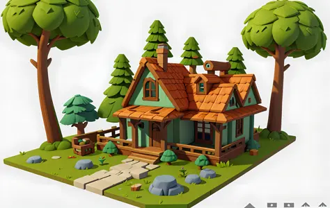 Cartoon style, polygon, game architecture design, fantasy, beautiful house, forest architecture, forest creatures, white background, casual game style, creative, best detail, 3d, blender, masterpiece, best quality, cartoon rendering, 8K