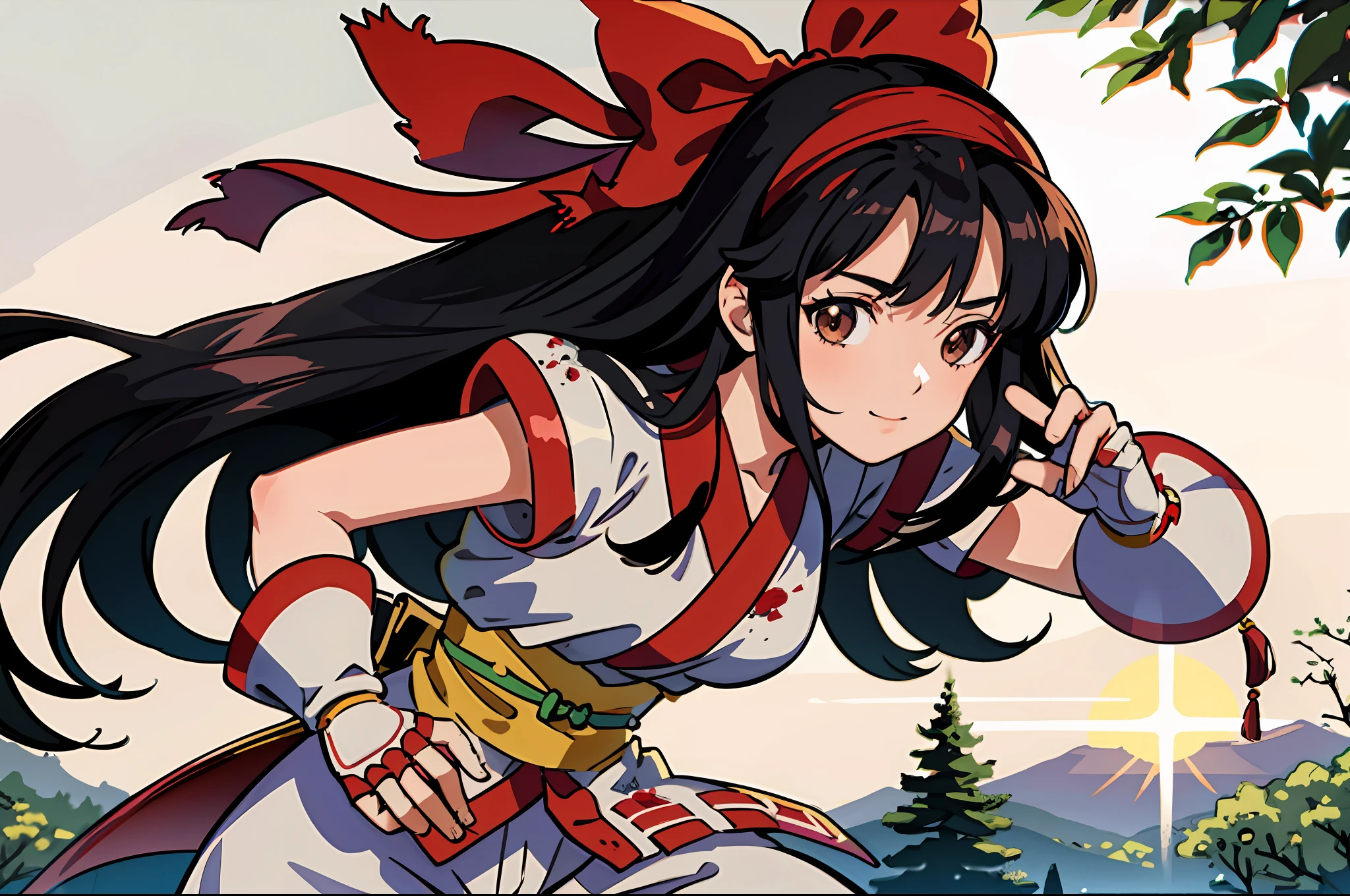 masterpiece, best quality,1girl, red bow, bow, long hair, hair bow, ainu clothes, solo, hairband, black hair, fingerless gloves, short sleeves, gloves, sash, pants, bangs, red hairband, weapon, breasts, brown eyes, white pants, japanese clothes, nakoruru, light smile, officials art, good composition,m, detailed portrait, portrait, bokeh, forest with river, sun behind back, pencil style, traditional brush, samurai, onmyoji style, high resolution, dramatic lighting and shadow, sun flared, blurry foreground, blood plashing around, looking at viewer, hands behind back, hands not in view, face shading, strong lighting, dim light, nostalgia look