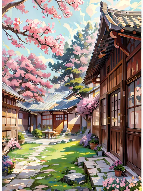 painting of a courtyard with a - SeaArt AI