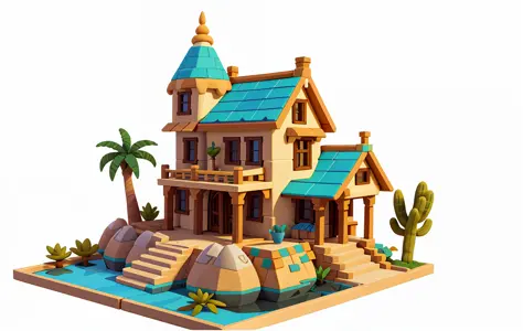 Cartoon style, polygon, game architecture design, fantasy, beautiful house, Desert architecture, desert creatures, white background, casual game style, creative, best detail, 3d, blender, Masterpiece, best quality, cartoon rendering, 8K