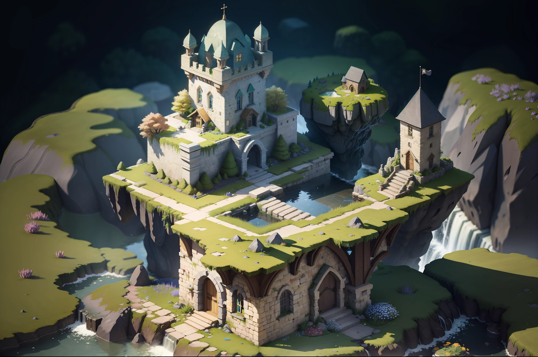 [(simple background:1.5),::5], (isometric 3d art of floating rock citadel),  cobblestone, flowers, verdant, stone, moss, fish pool, waterfall, watermill, idyllic, dwelling 
masterpiece, best quality, highres, ultra detailed, extremely clear, absurdres, detailed lighting