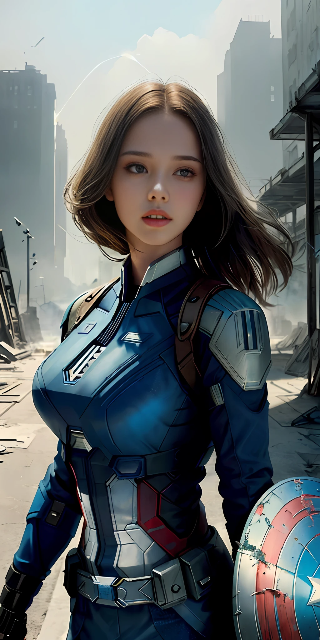 (1girl:1.3), solo, __body-parts__, official art, unified 8k wallpaper, super detailed, beautiful and aesthetic, beautiful, masterpiece, best quality, raw, masterpiece, super fine photo, best quality, super high resolution, photorealistic realism, sunlight, full-body portrait, amazing beauty, dynamic pose, delicate face, vibrant eyes, (from the front), she wears a futuristic Captain America jersey, blue color scheme, (holding a shield), A capital A on chest, very detailed abandoned warehouse background, detailed face, detailed complex busy background, messy, gorgeous, milky white, highly detailed skin, realistic skin details, visible pores, sharp focus, volumetric fog, 8k uhd, DSLR camera, high quality, film grain, fair skin, photo realism, lomography, huge metropolis in future dystopia, seen from below, translucent