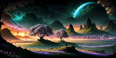 landscape on a strange alien planet, twin suns, atmospheric colours, fields, trees in the background, dense foliage, animals, pi...